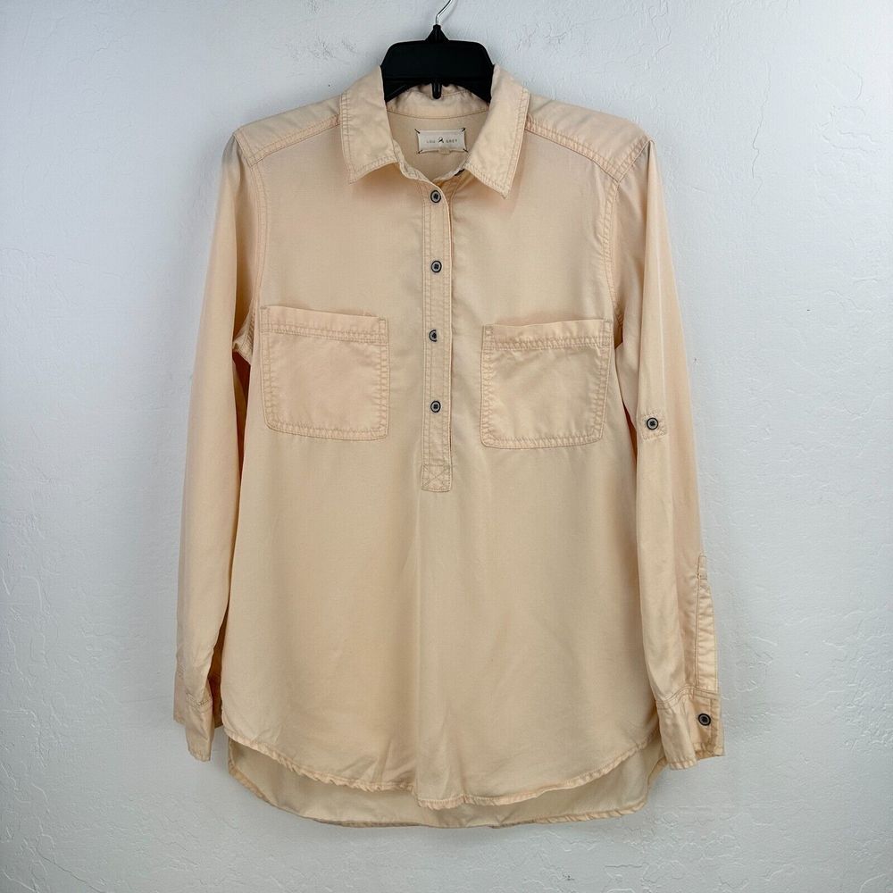 Lou & Grey Pop Over Top Womens Blouse S Pink Twill Roll Stop Sleeve High Low